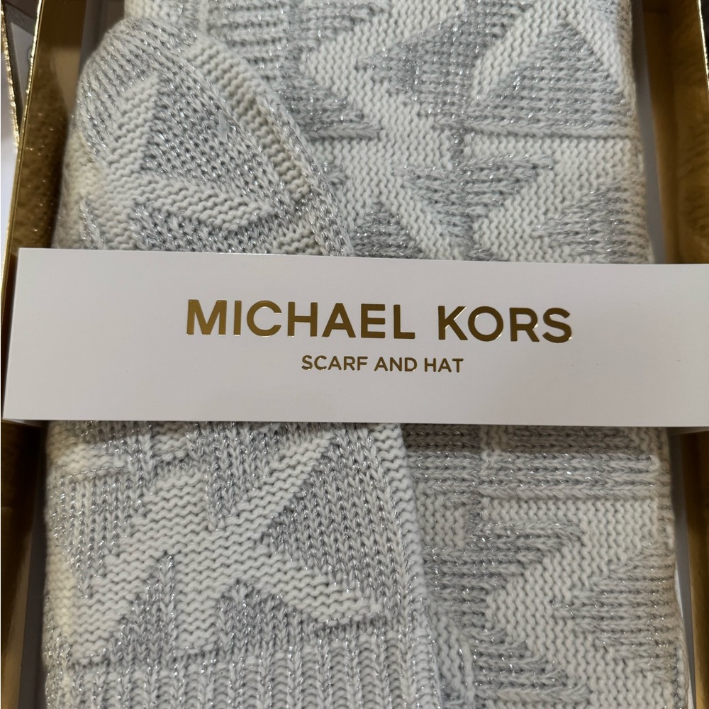 Michael Kors Silver and Cream Scarf and Hat Set